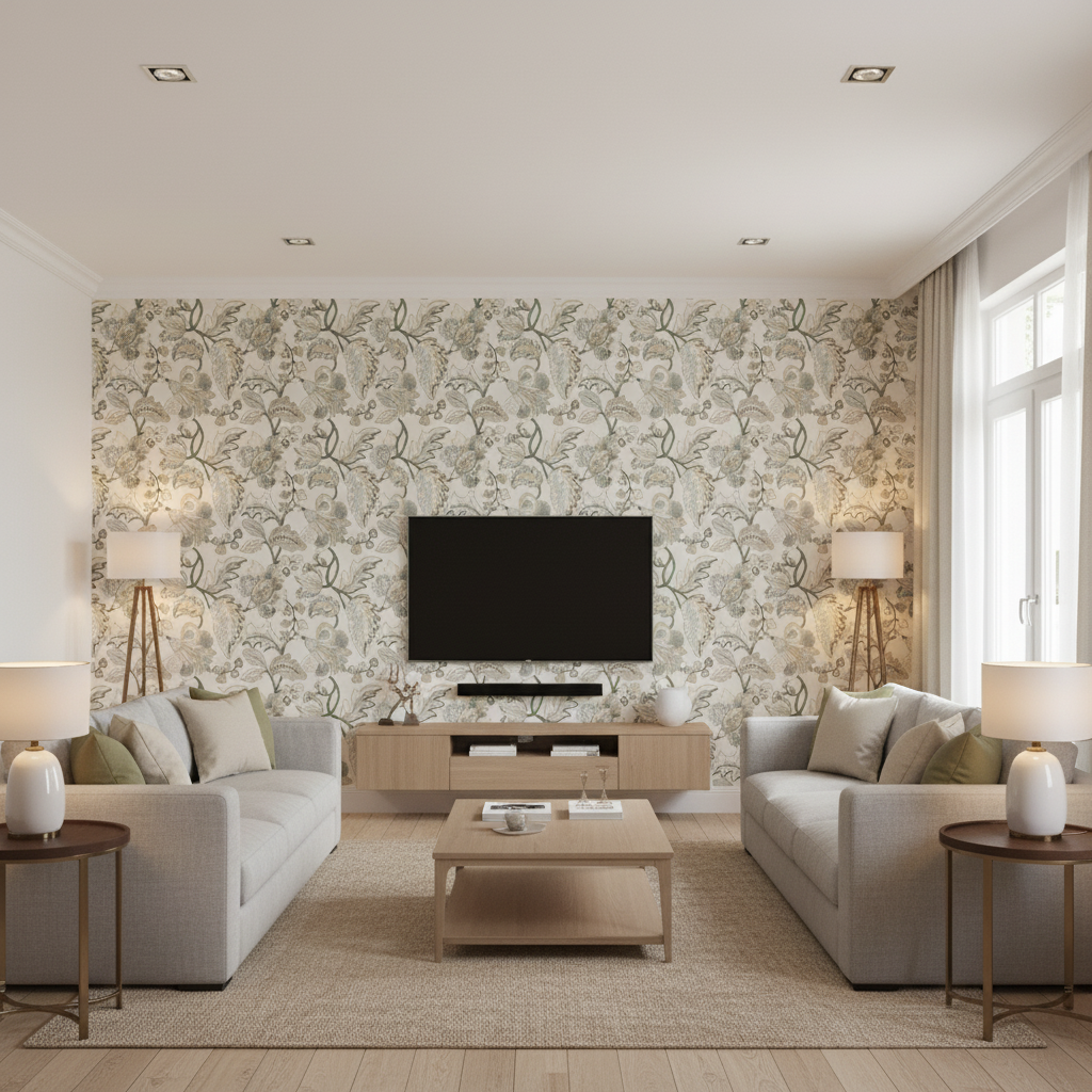 Orford Embroidery Leaf/Mist — Living Room Room Setting