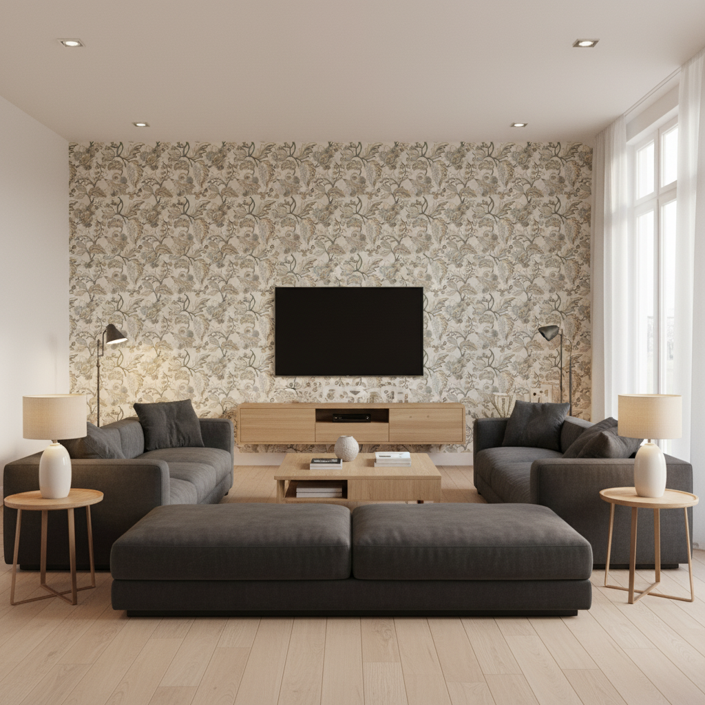 Orford Embroidery Leaf/Mist — Living Room Room Setting