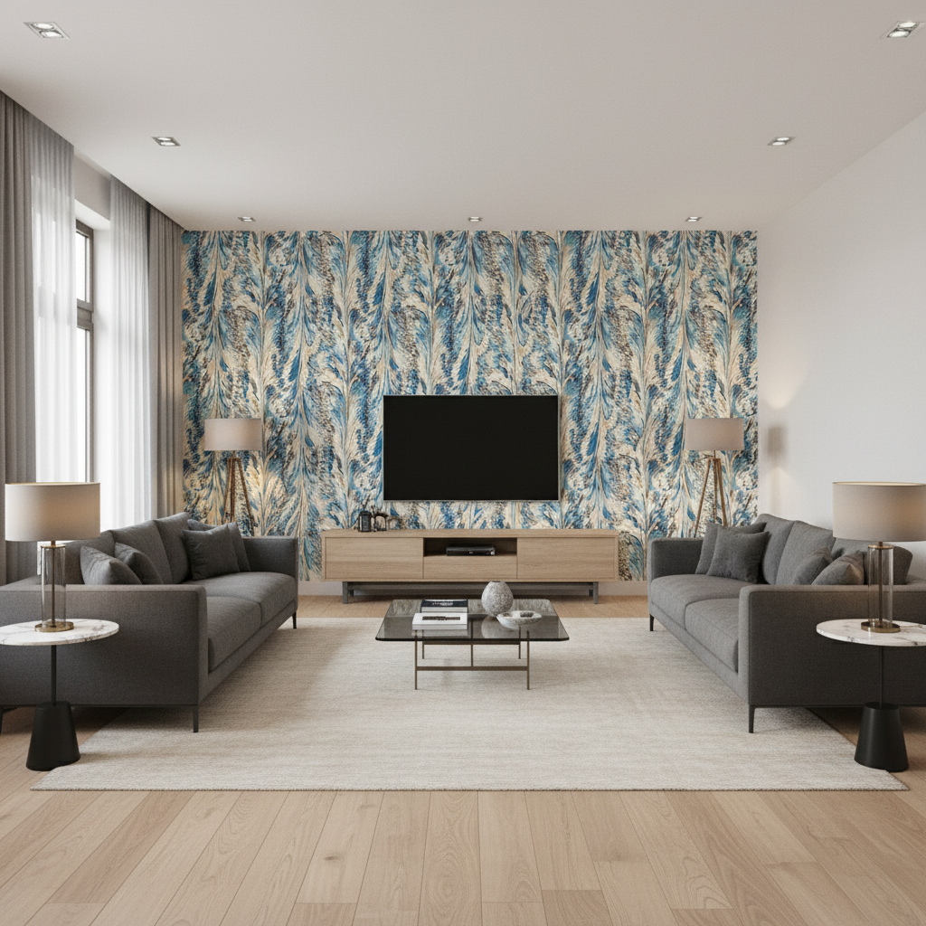 Taplow Print Navy/Slate — Living Room Room Setting