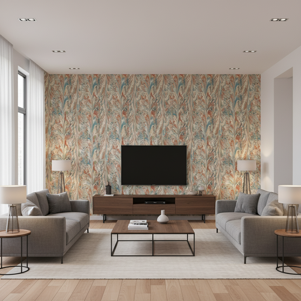 Taplow Print Clay/Blue — Living Room Room Setting