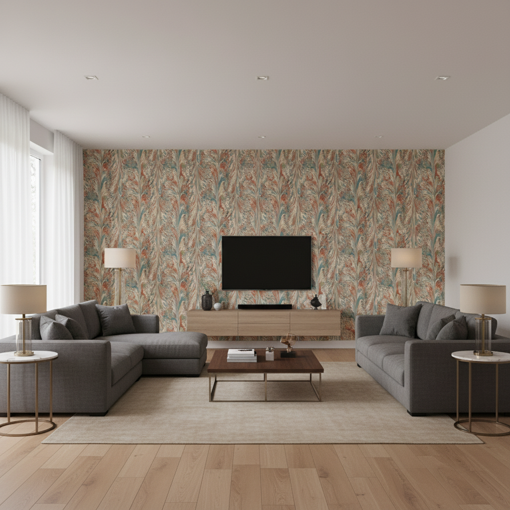 Taplow Print Clay/Blue — Living Room Room Setting