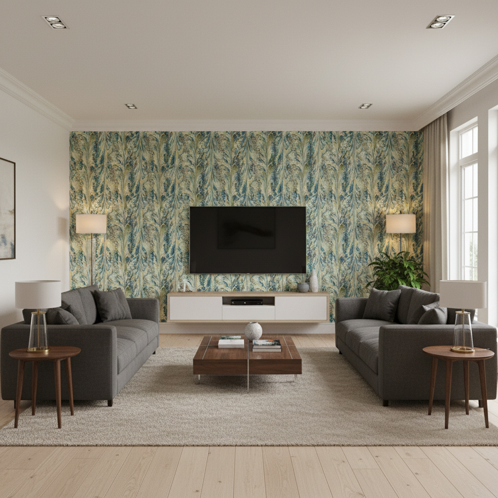 Taplow Print Peacock/Gold — Living Room Room Setting