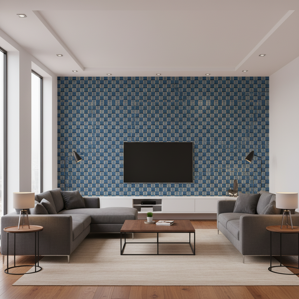 Allonby Weave Blue — Living Room Room Setting