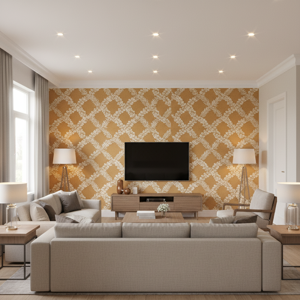 Leaf Trellis Caramel — Living Room Room Setting