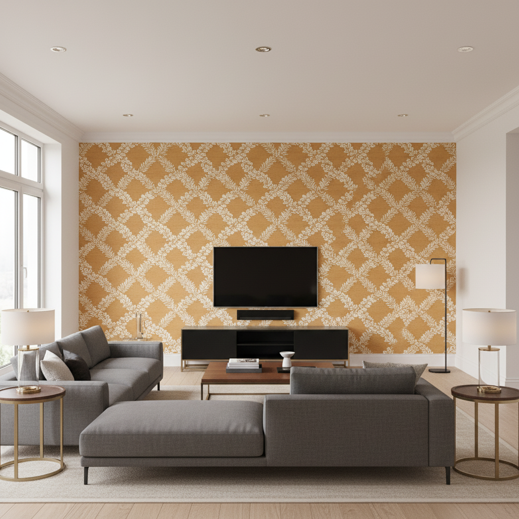 Leaf Trellis Caramel — Living Room Room Setting