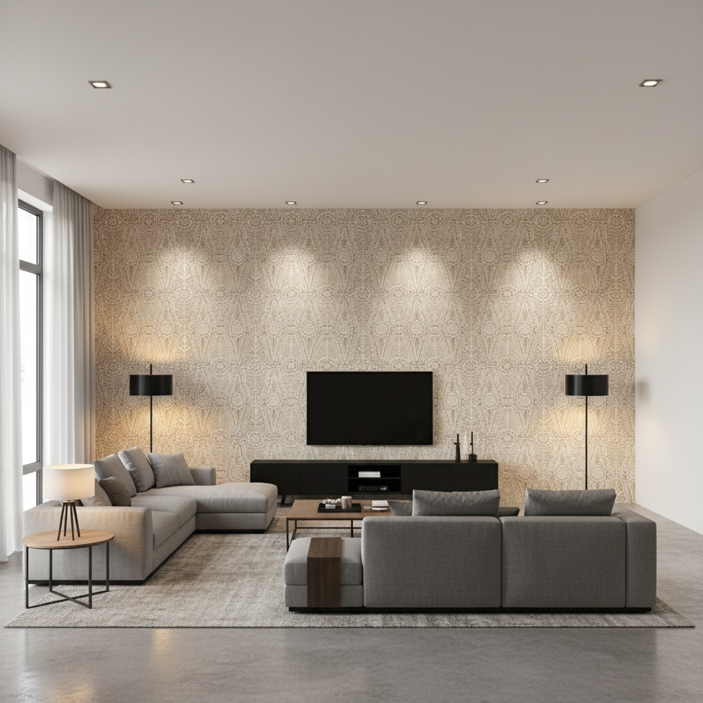 Drayton Print Buff — Living Room Room Setting