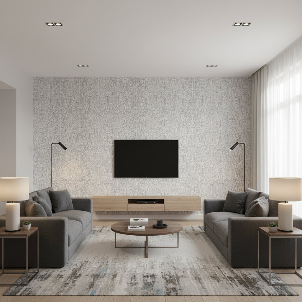 Drayton Print Smoke — Living Room Room Setting