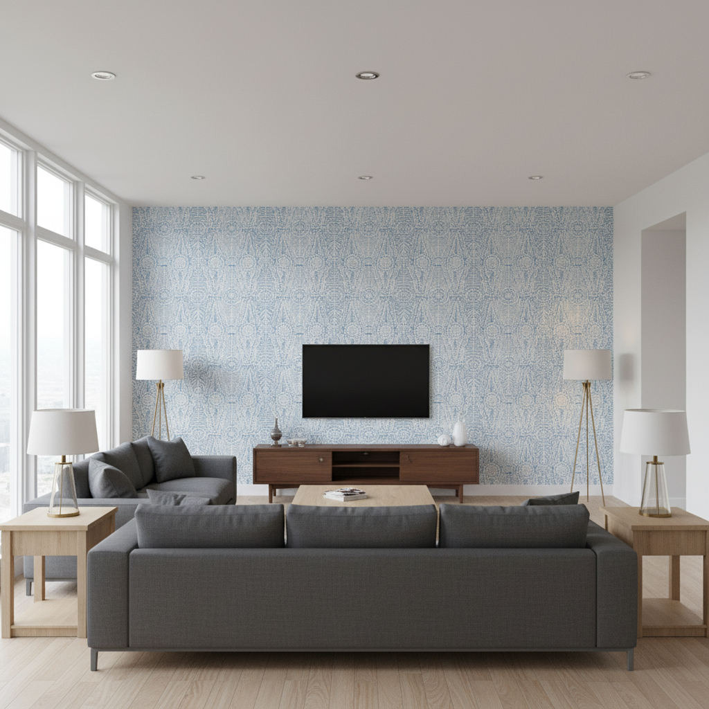 Drayton Print Denim — Living Room Room Setting