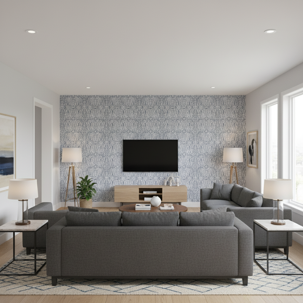 Drayton Print Indigo — Living Room Room Setting