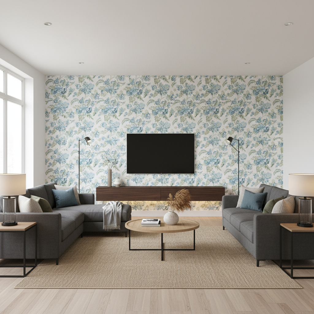 Augustine Print Aqua — Living Room Room Setting