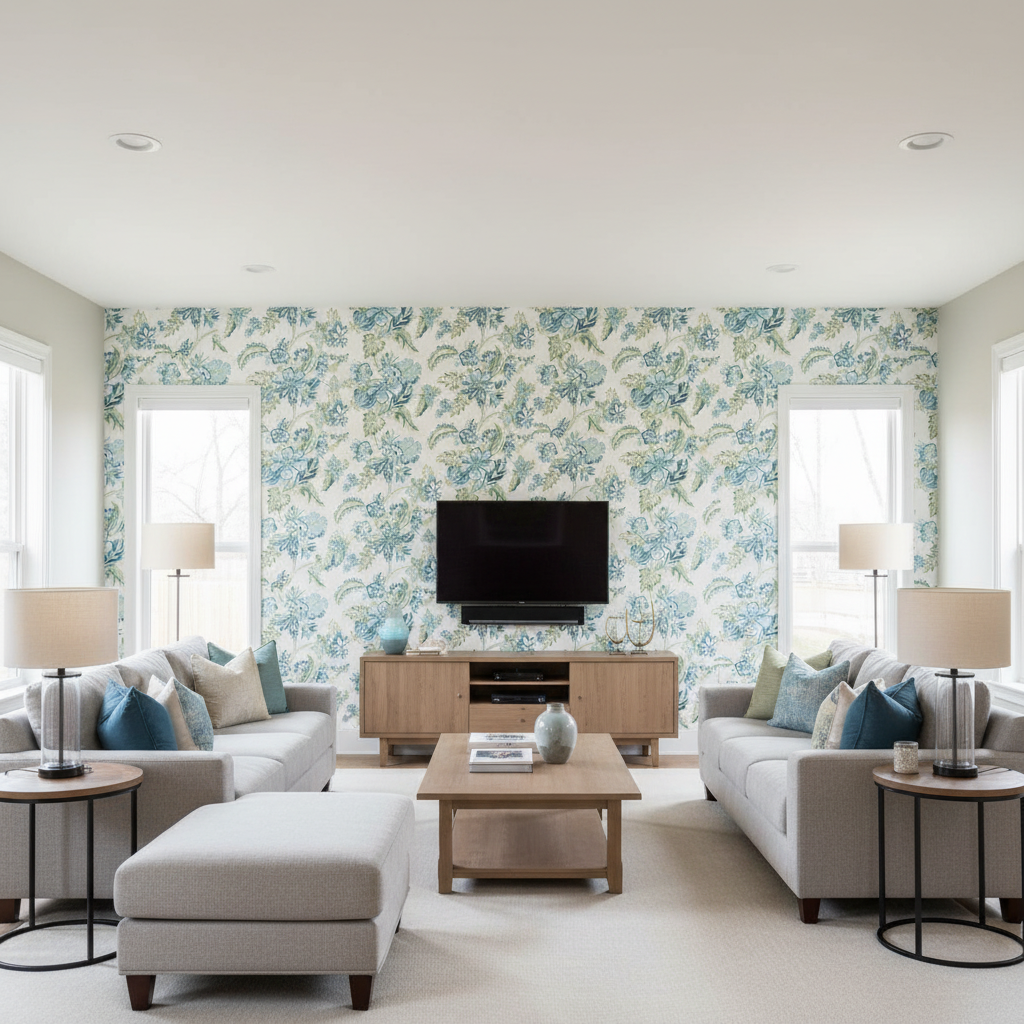 Augustine Print Aqua — Living Room Room Setting