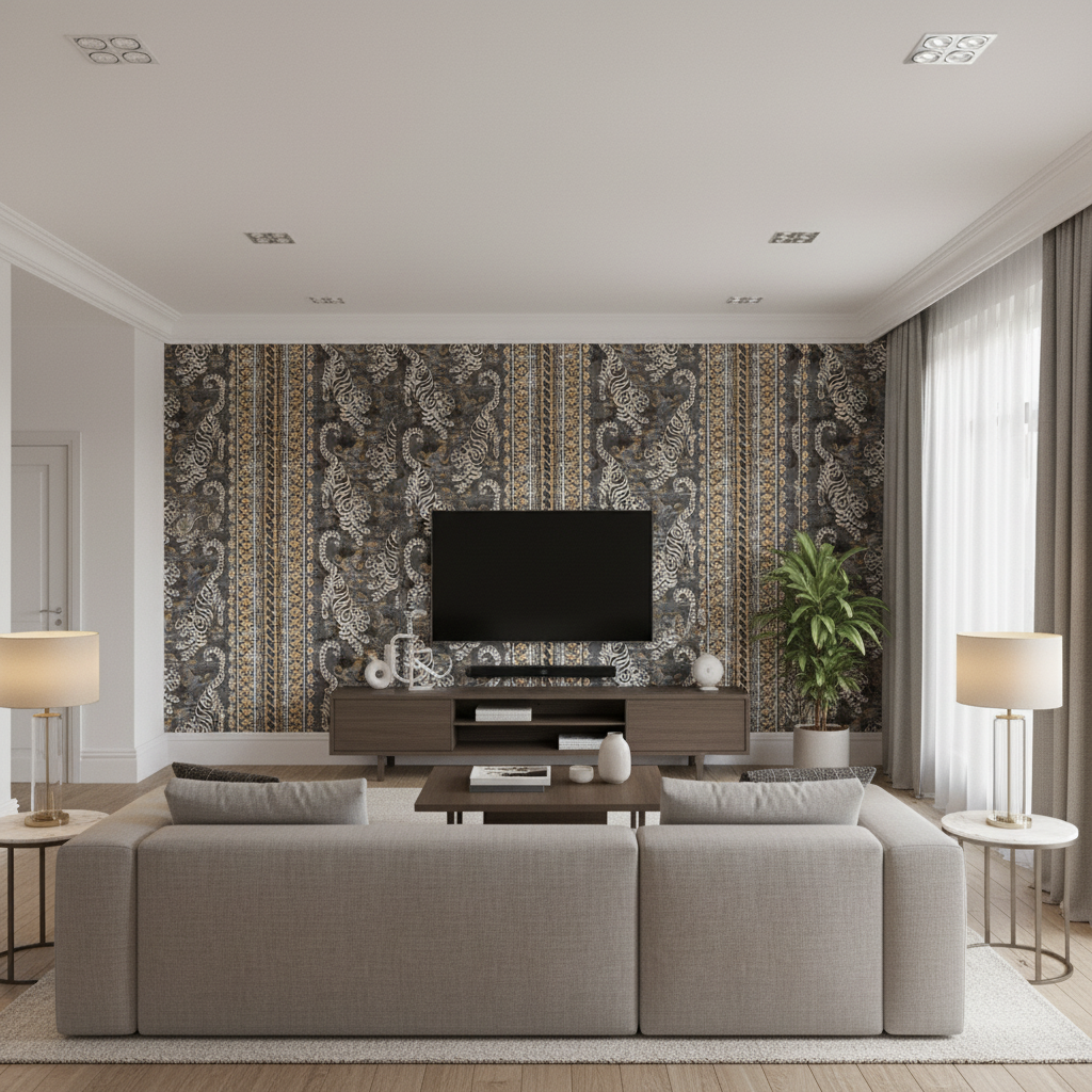 Bongol Print Charcoal — Living Room Room Setting