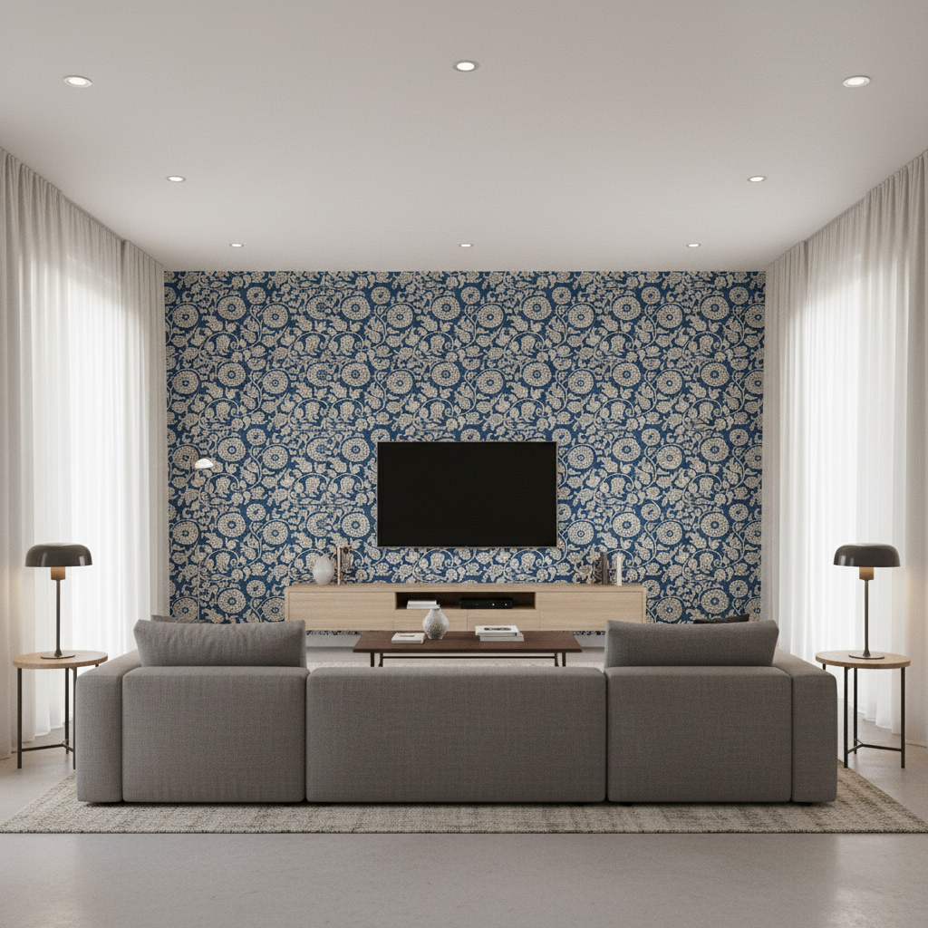 Eldora Print Indigo — Living Room Room Setting