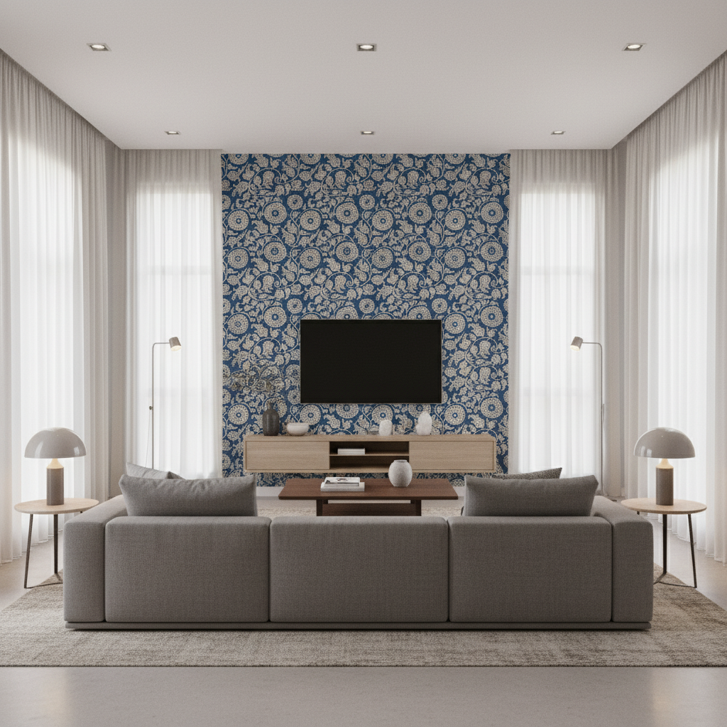 Eldora Print Indigo — Living Room Room Setting