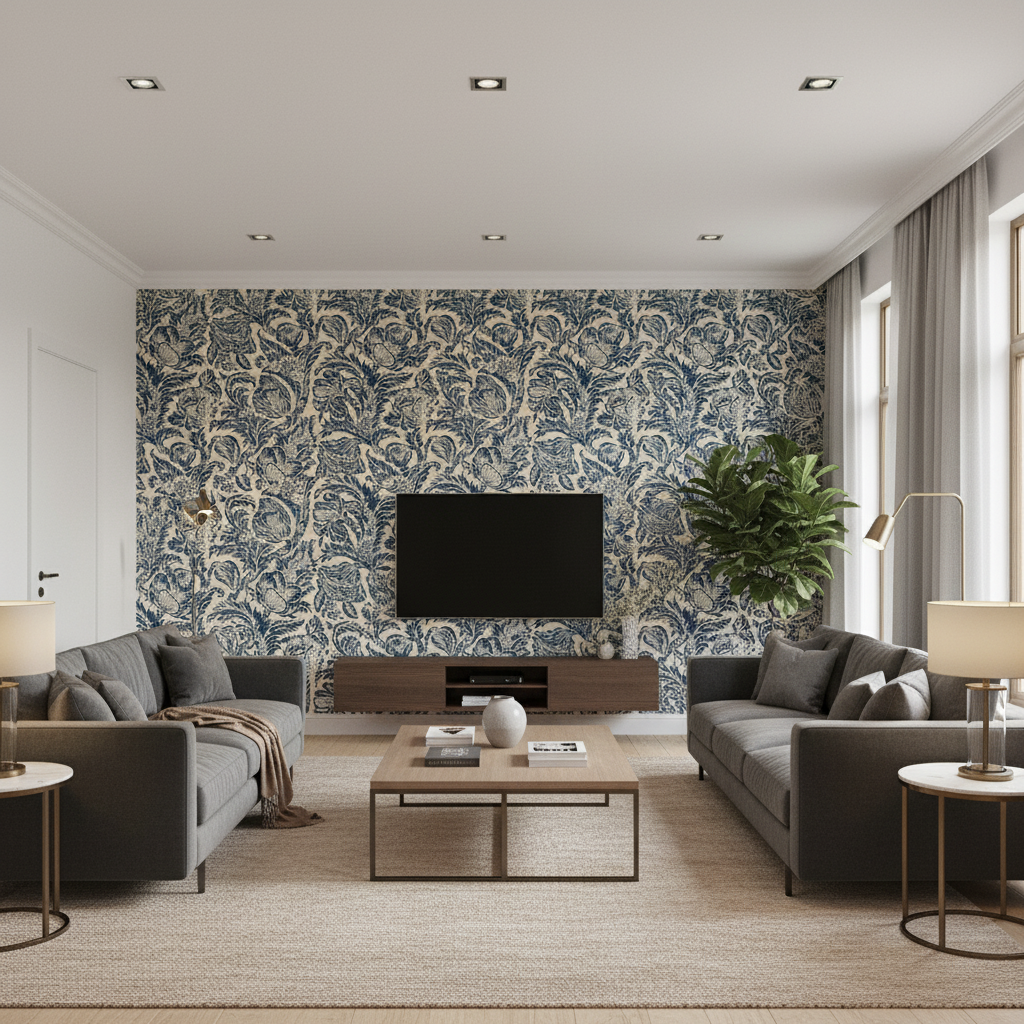 Marion Print Indigo — Living Room Room Setting