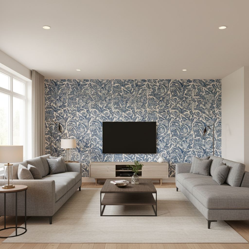 Marion Print Denim — Living Room Room Setting