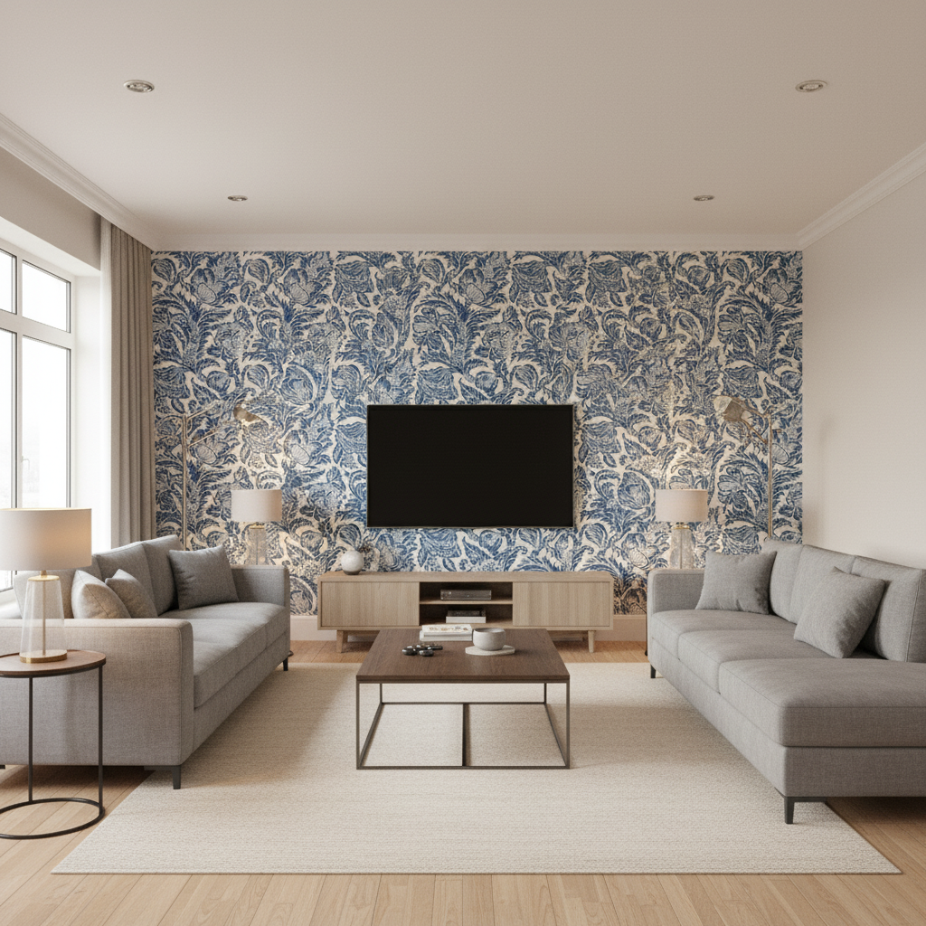 Marion Print Denim — Living Room Room Setting