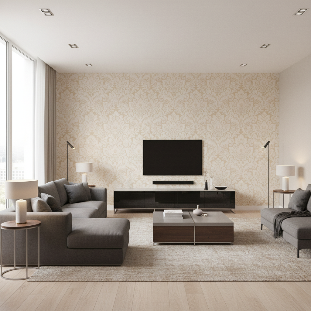 Acanthus Damask Pearl — Living Room Room Setting
