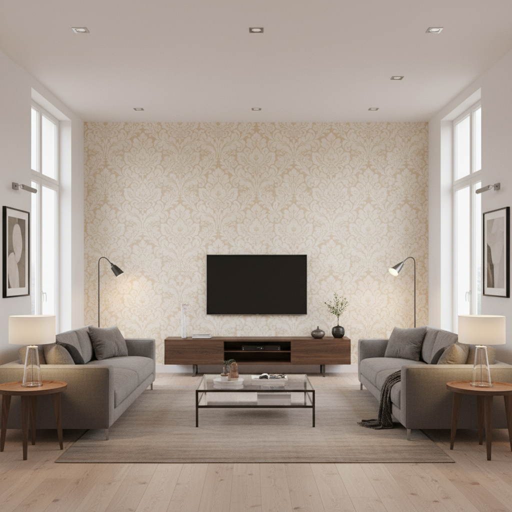 Acanthus Damask Pearl — Living Room Room Setting