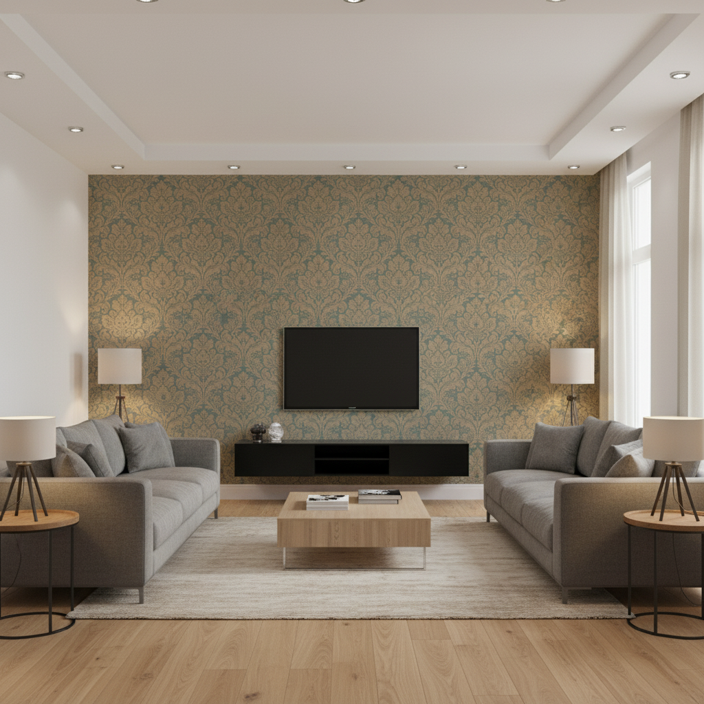 Acanthus Damask Blue — Living Room Room Setting
