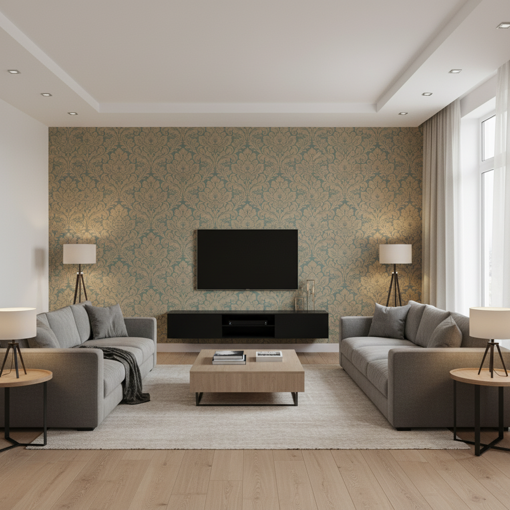 Acanthus Damask Blue — Living Room Room Setting