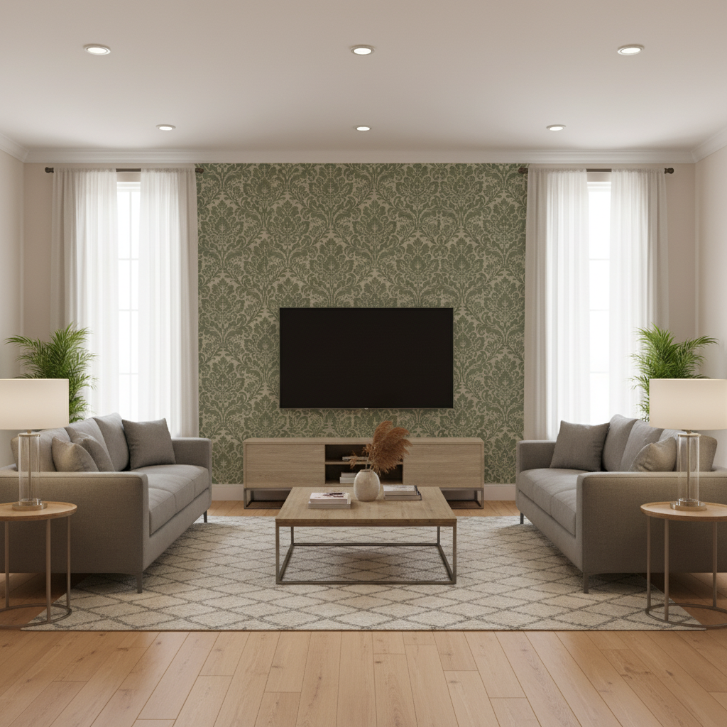 Acanthus Damask Loden — Living Room Room Setting