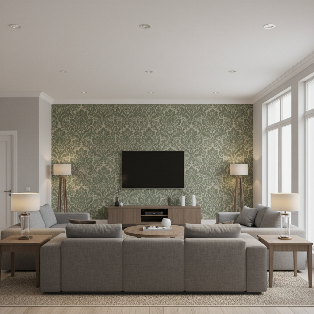Acanthus Damask Loden — Living Room Room Setting