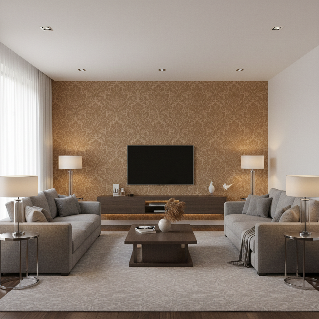 Acanthus Damask Tea — Living Room Room Setting