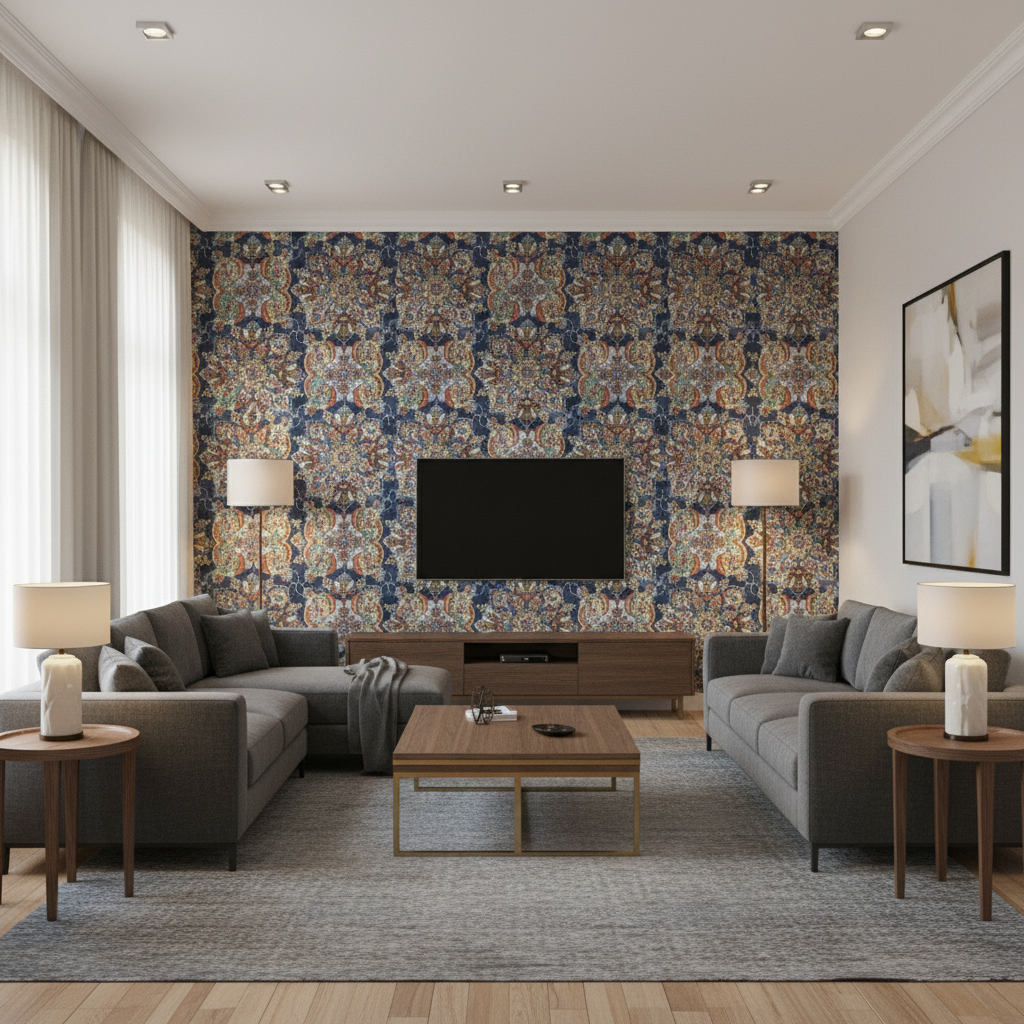 Granada Print Denim — Living Room Room Setting