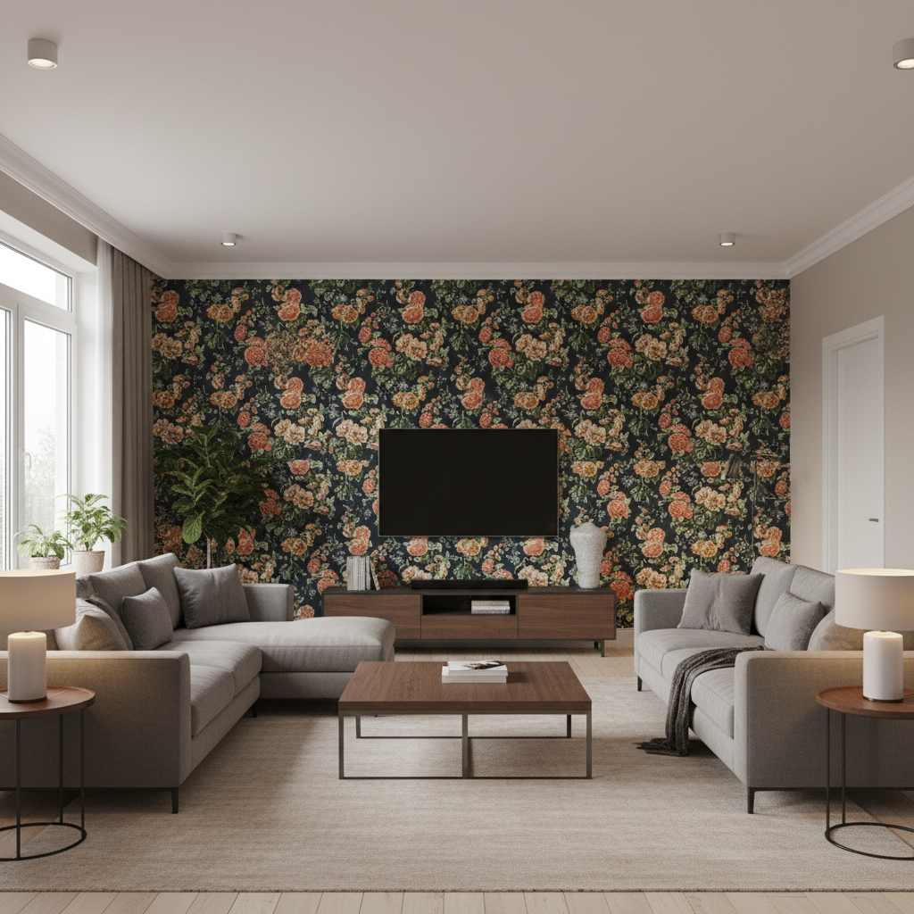 Upton Cotton Navy/Coral — Living Room Room Setting