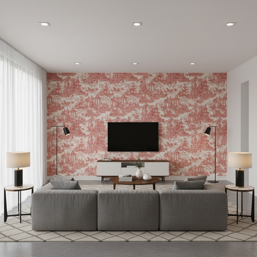 Pagoda Toile Garnet — Living Room Room Setting