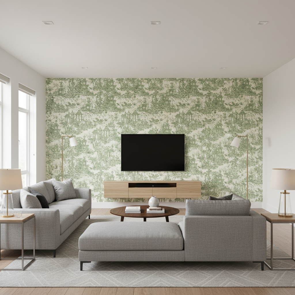 Pagoda Toile sage green — Living Room Room Setting