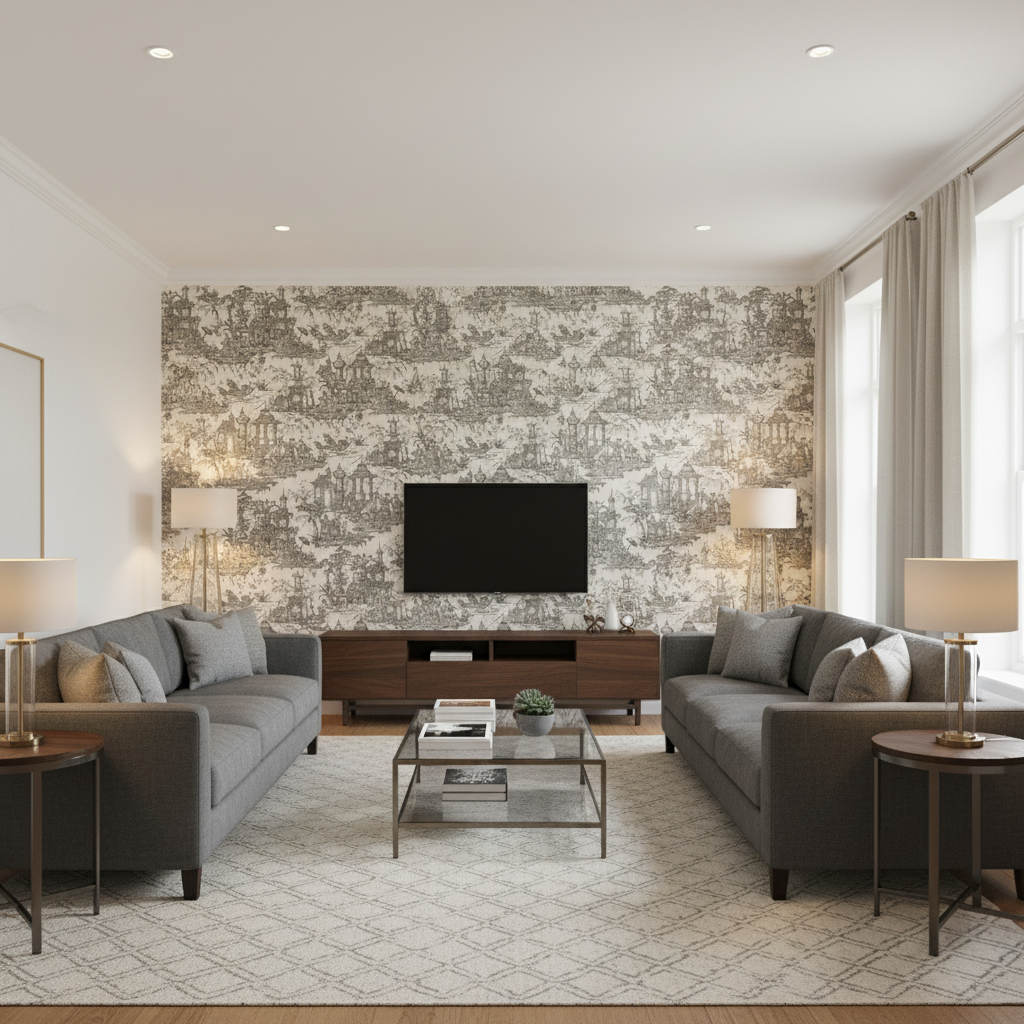 Pagoda Toile Coal — Living Room Room Setting
