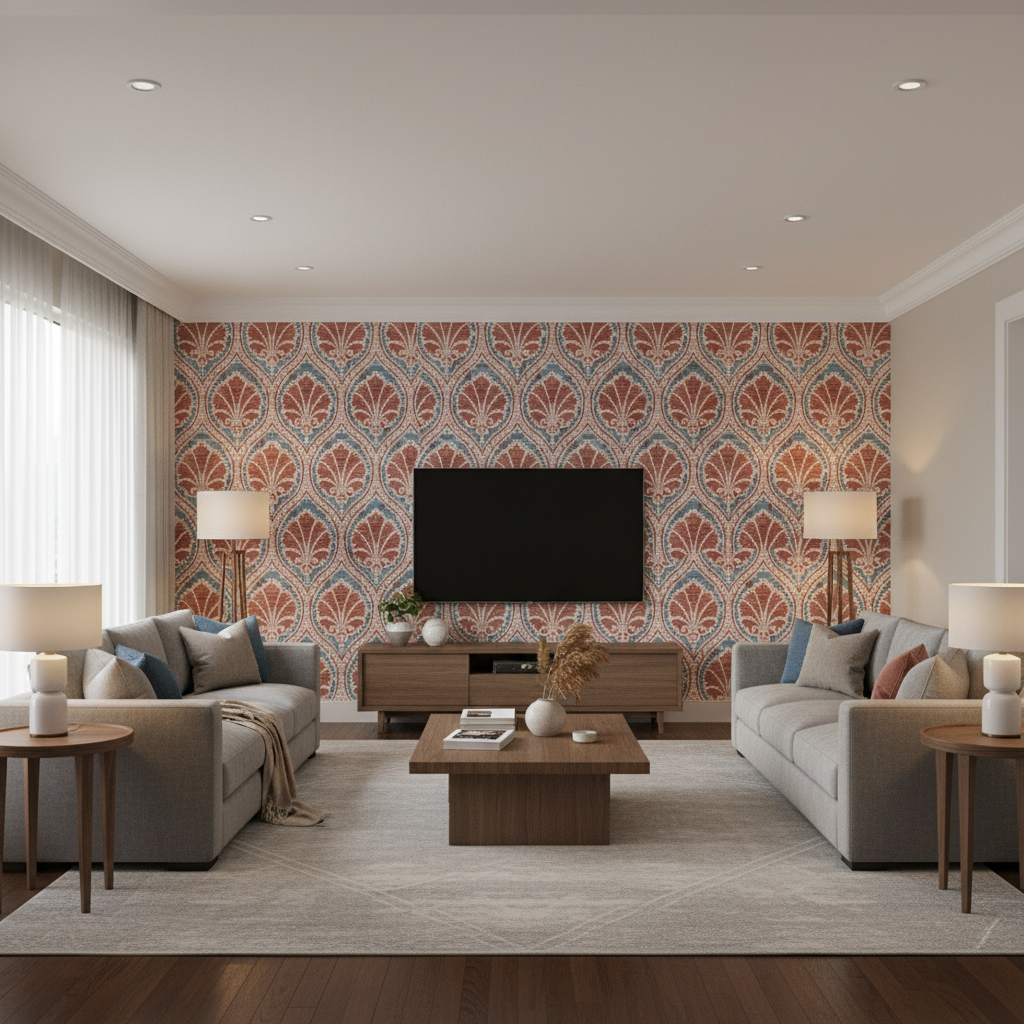 Seville Weave Denim/Brick — Living Room Room Setting