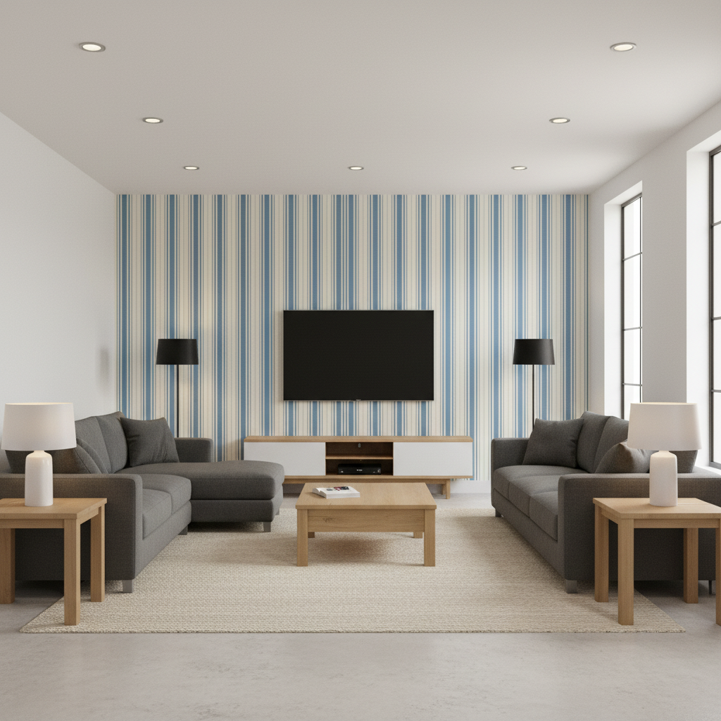 Baldwin Stripe Blue — Living Room Room Setting
