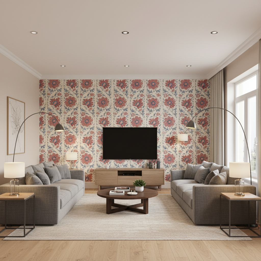 Calico Vine Blue Red — Living Room Room Setting
