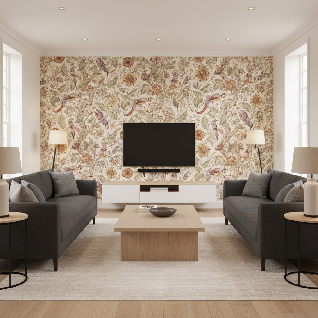 Tree Of Life Golden/Moss | Kravet - Living Room Visualization (AI-generated, may not be to scale. Verify pattern scale with product specifications.)