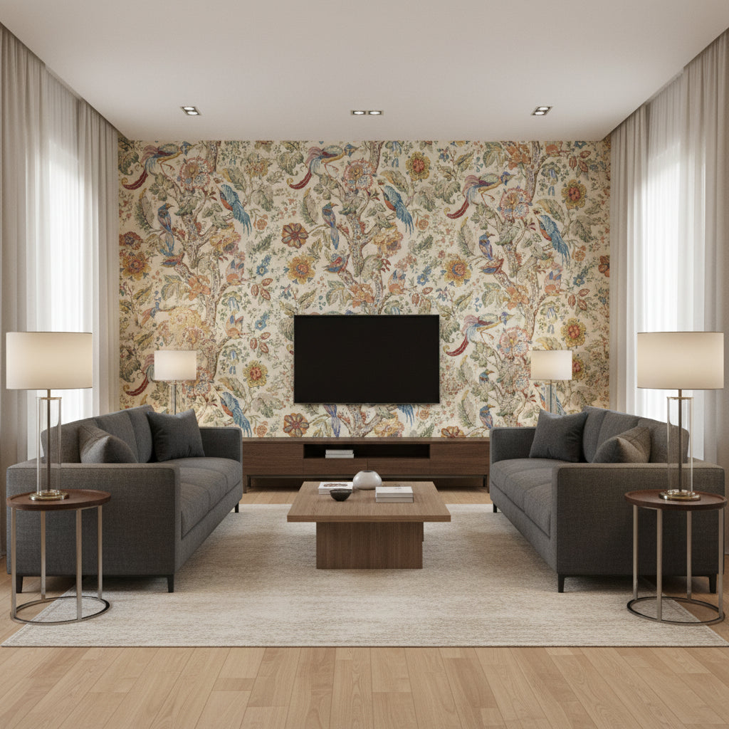 Tree Of Life Denim/Berry | Kravet - Living Room Visualization (AI-generated, may not be to scale. Verify pattern scale with product specifications.)