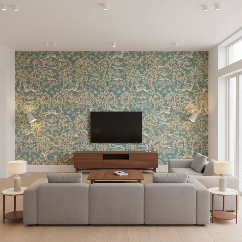 Mille Fleur Print Lake | Kravet - Living Room Visualization (AI-generated, may not be to scale. Verify pattern scale with product specifications.)