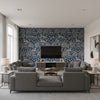 Mille Fleur Print Denim | Kravet - Living Room Visualization (AI-generated, may not be to scale. Verify pattern scale with product specifications.)
