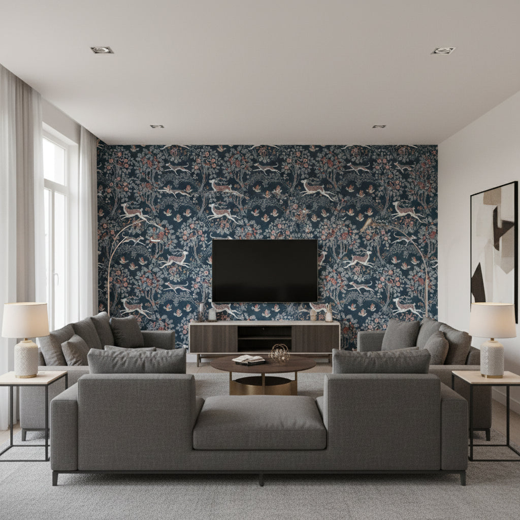 Mille Fleur Print Denim | Kravet - Living Room Visualization (AI-generated, may not be to scale. Verify pattern scale with product specifications.)