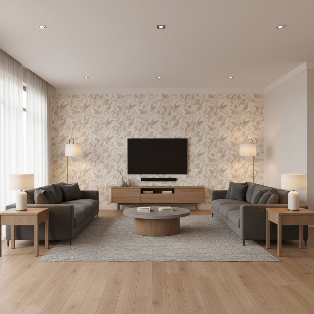Katmandu - Beige Wallpapers | Schumacher - Living Room Visualization (AI-generated, may not be to scale. Verify pattern scale with product specifications.)