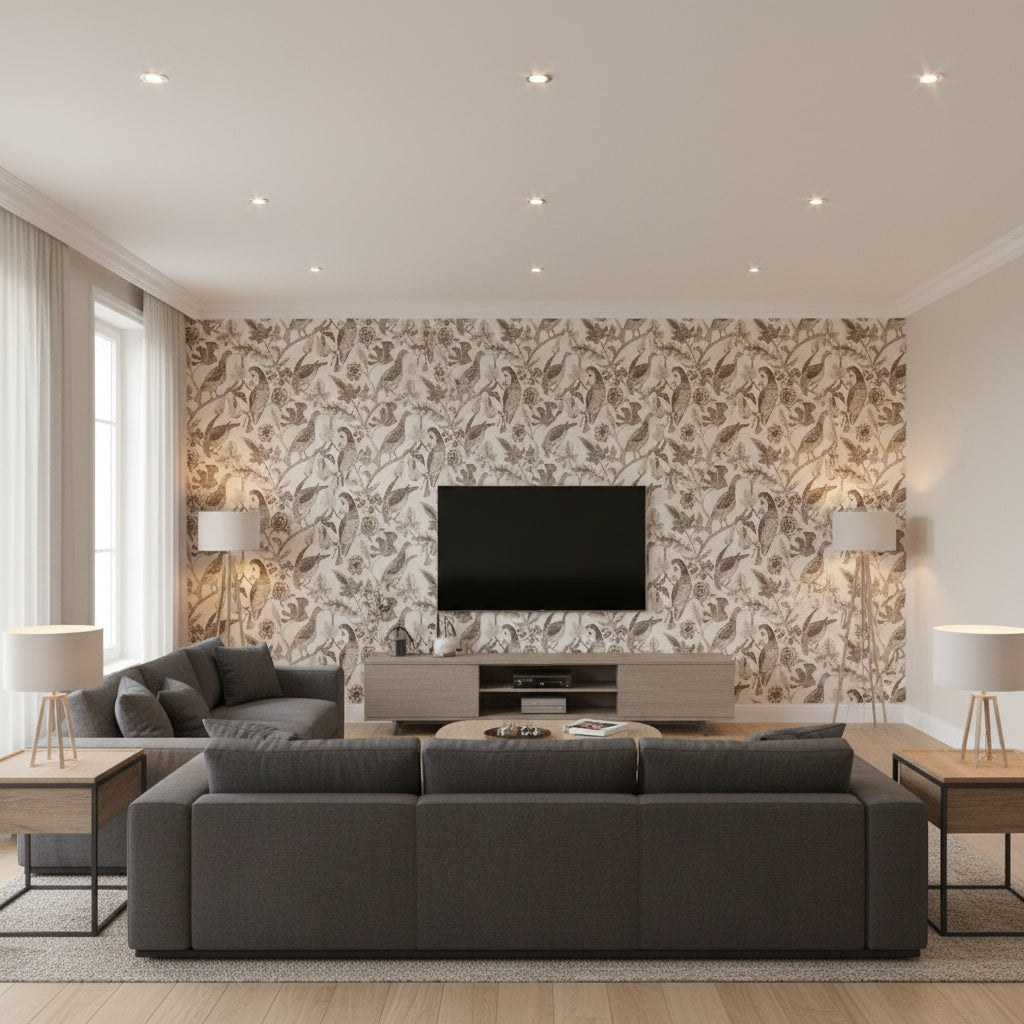 Katmandu - Graphite Wallpapers | Schumacher - Living Room Visualization (AI-generated, may not be to scale. Verify pattern scale with product specifications.)