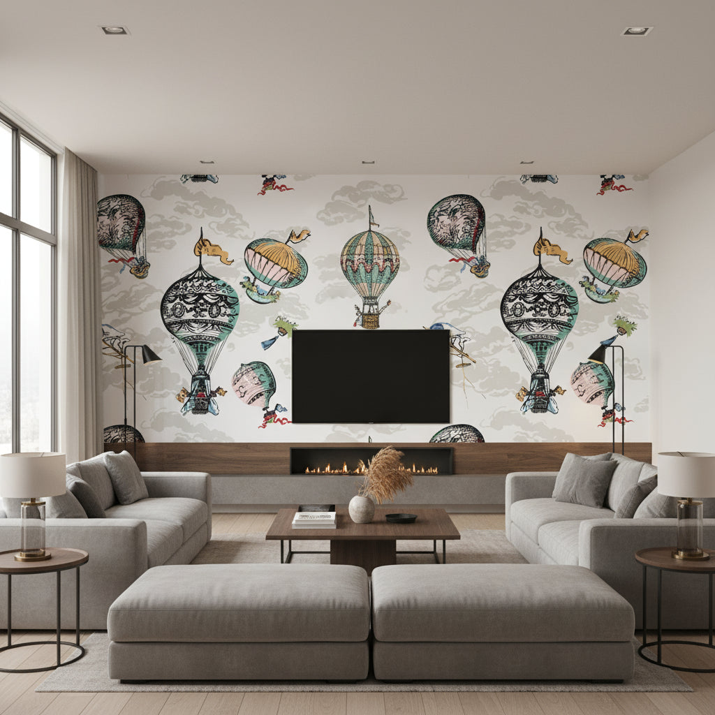 Balloons - Multi Wallpapers | Schumacher - Living Room Visualization (AI-generated, may not be to scale. Verify pattern scale with product specifications.)