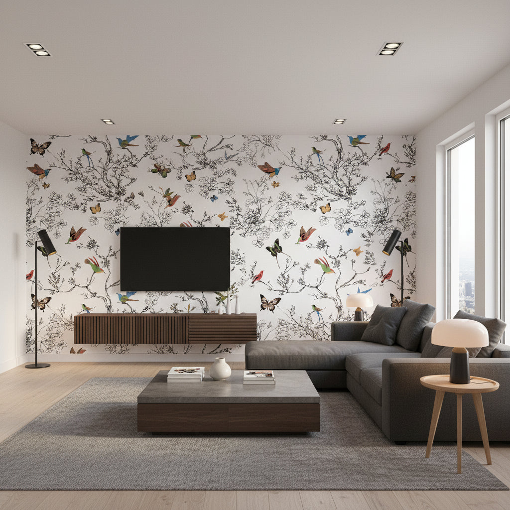 Birds &amp; Butterflies - Multi On White Wallpapers | Schumacher - Living Room Visualization (AI-generated, may not be to scale. Verify pattern scale with product specifications.)