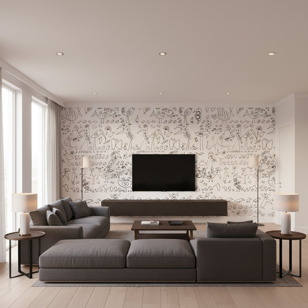 Aviary - Black On White Wallpapers | Schumacher - Living Room Visualization (AI-generated, may not be to scale. Verify pattern scale with product specifications.)