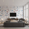 Aviary - Multi On White Wallpapers | Schumacher - Living Room Visualization (AI-generated, may not be to scale. Verify pattern scale with product specifications.)