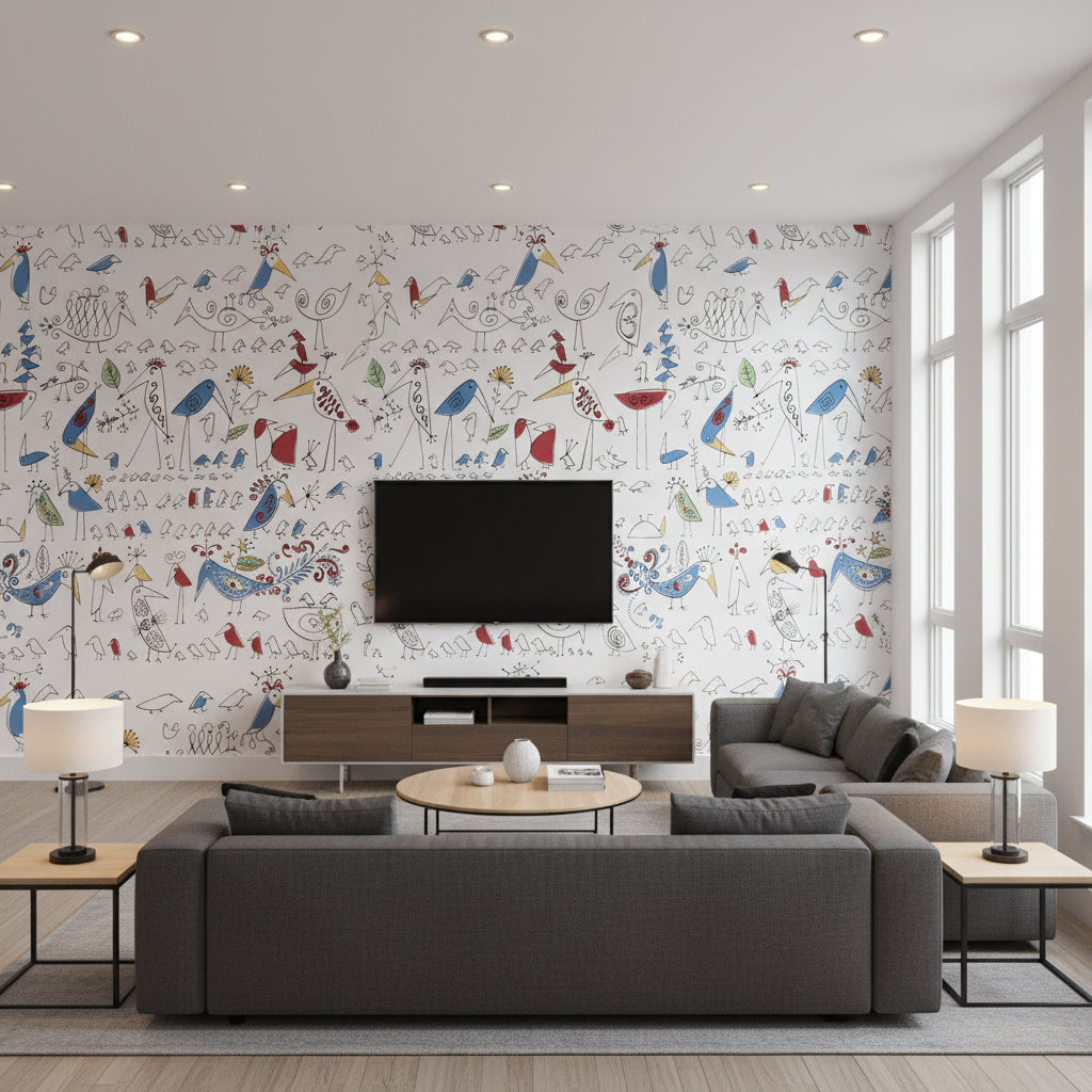 Aviary - Multi On White Wallpapers | Schumacher - Living Room Visualization (AI-generated, may not be to scale. Verify pattern scale with product specifications.)