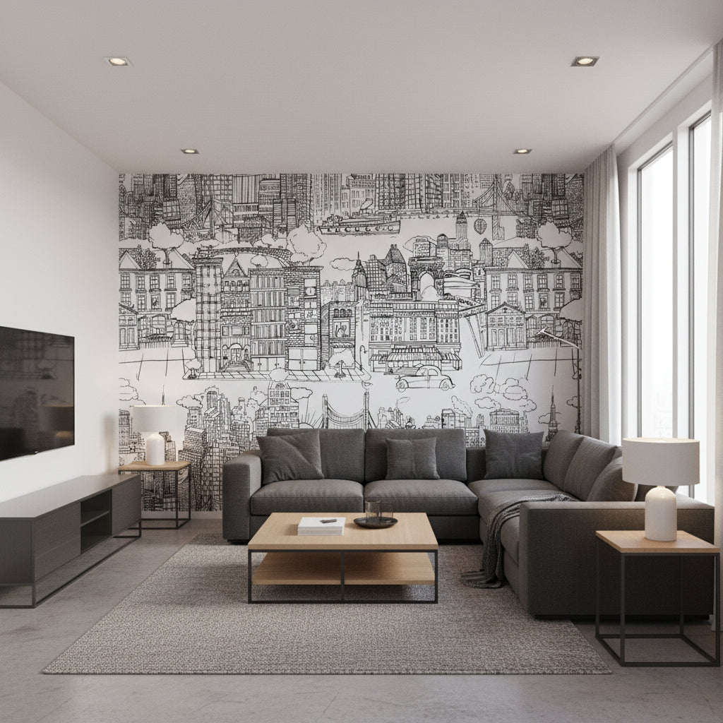 New York  New York - Black On White Wallpapers | Schumacher - Living Room Visualization (AI-generated, may not be to scale. Verify pattern scale with product specifications.)