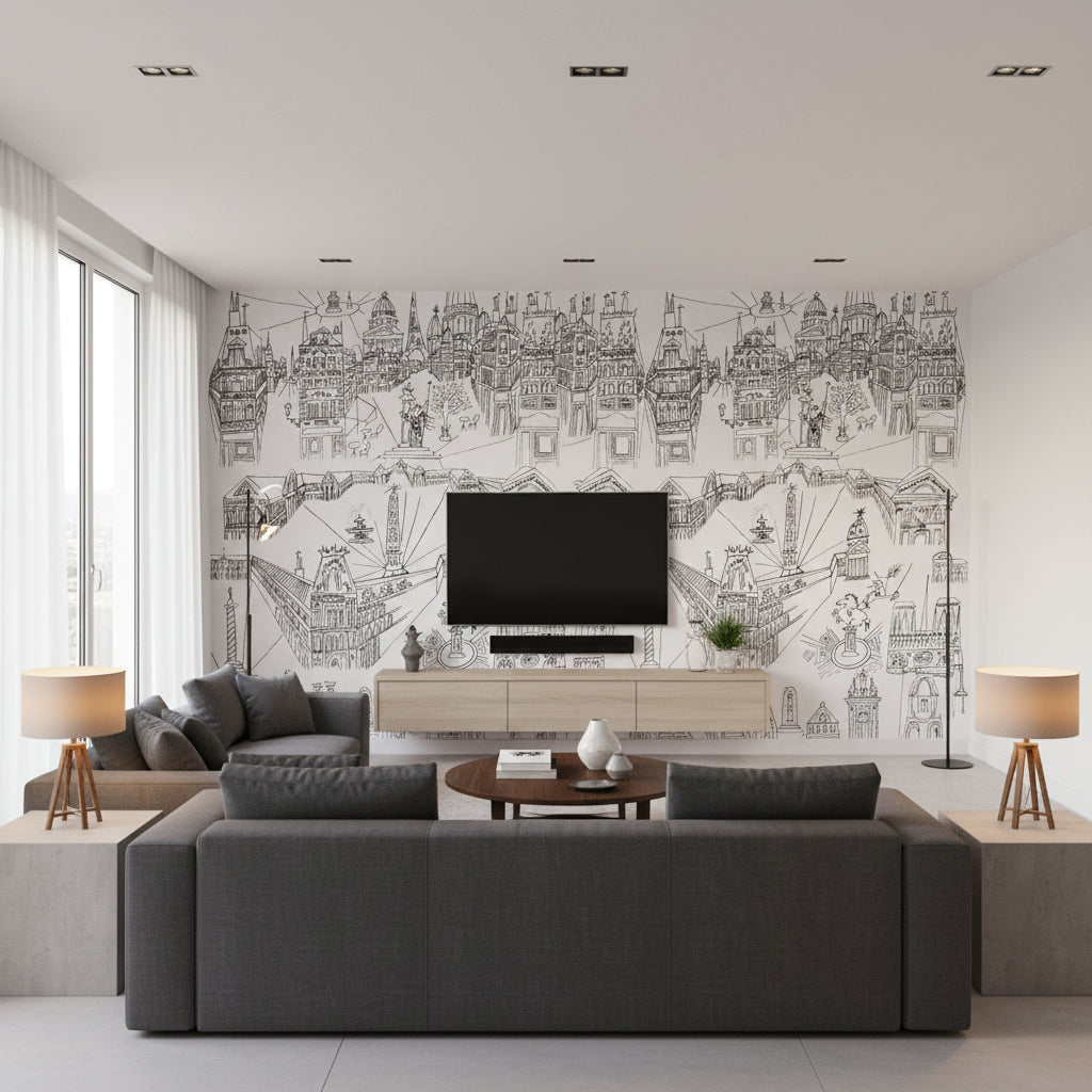 Views Of Paris - Black &amp; White Wallpapers | Schumacher - Living Room Visualization (AI-generated, may not be to scale. Verify pattern scale with product specifications.)